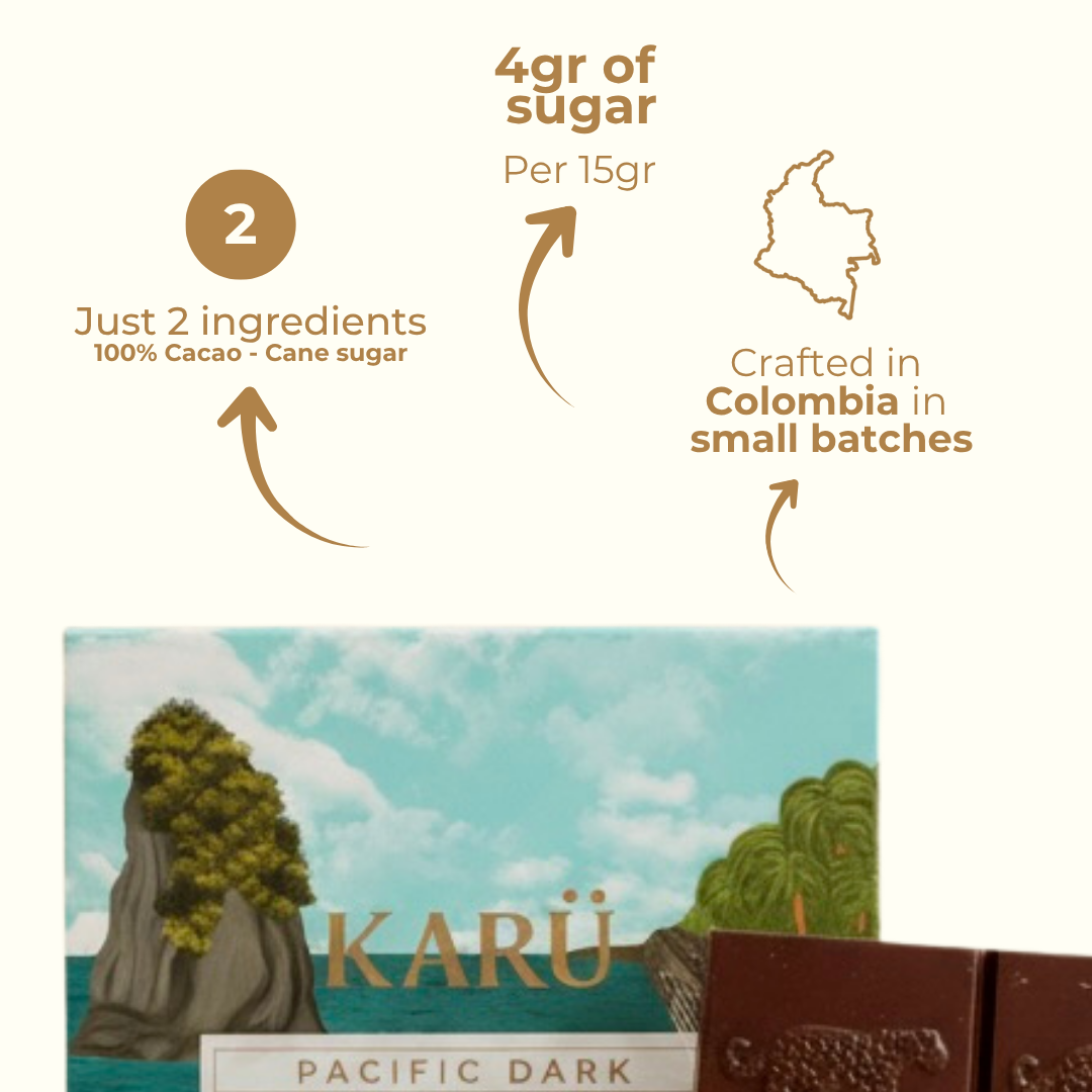 Karu Pacific Dark chocolate packaging with information on ingredients, sugar and origin.