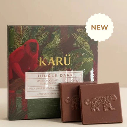 Box of Karö Jungle Dark chocolate with a red monkey illustration on a beige background.