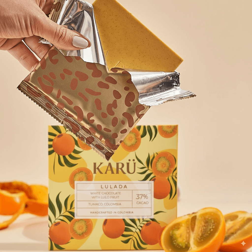 Hand holding a Lulada chocolate bar with a karu packaging featuring orange design.