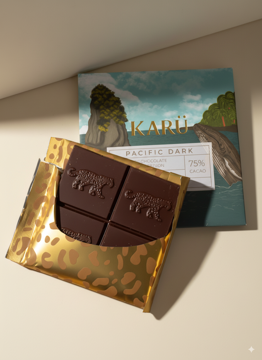 75% Dark chocolate bar in gold packaging with 'KARU' brand in the background