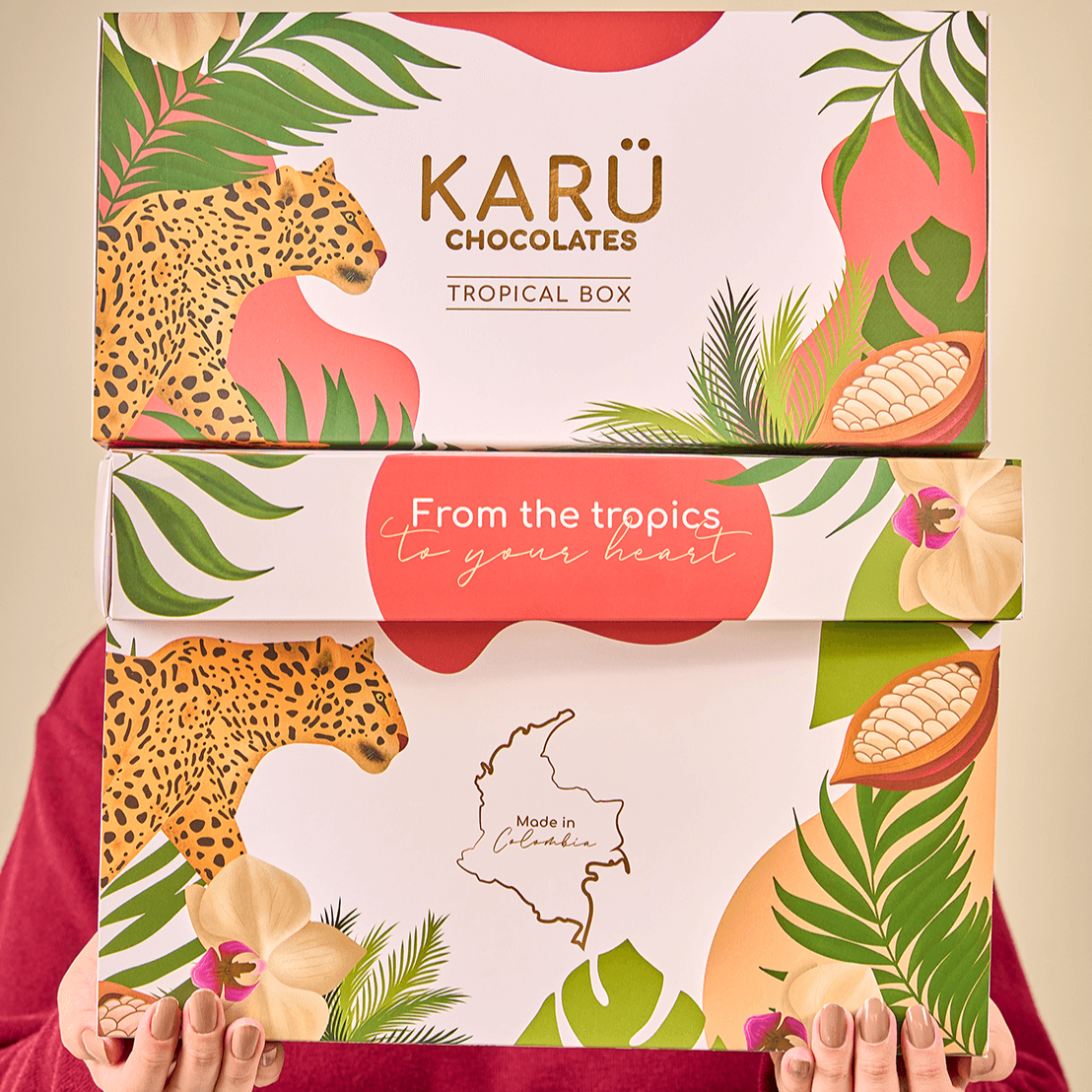Stacked boxes of the Tropical Box Kit from Karü Chocolates Dubai